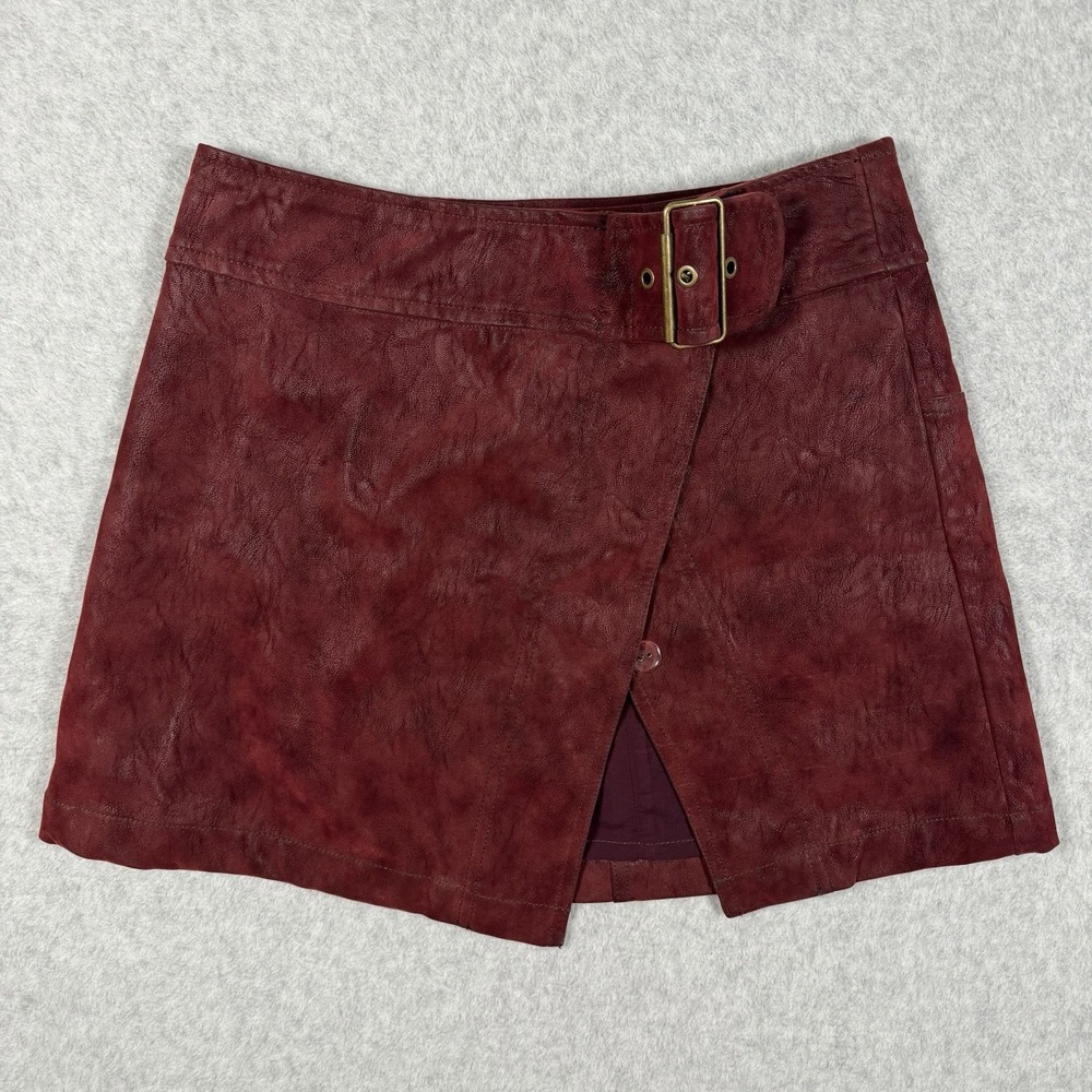 NWT Free People Ari Wrap Skirt Womens 2 Wine Mini Belted Faux Suede Front Slit